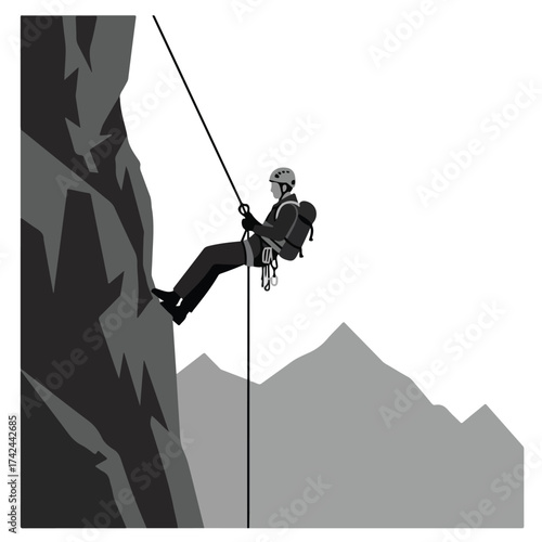 Person rappelling down a rocky cliff face with backpack and gear in mountainous landscape