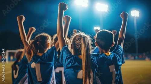 A group of young athletes celebrating after winning a game under stadium lights