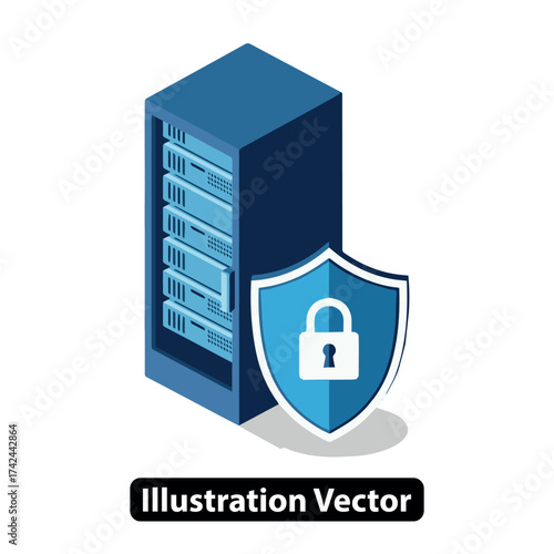 Digital information protection concept Isometric server rack with security shield and padlock ensuring data safety and privacy