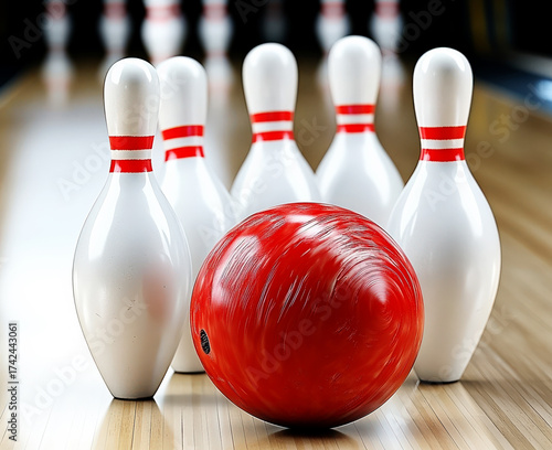 Red bowling ball approaching white bowling pins on a lane