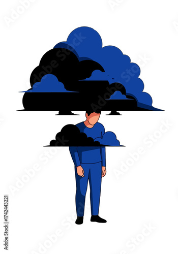 Flat Vector Illustration of Man With Depression Clouds