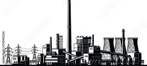Industrial power plant silhouette, smokestack, cooling towers, transmission lines, energy infrastructure, black and white vector, electricity, factory, machinery, landscape