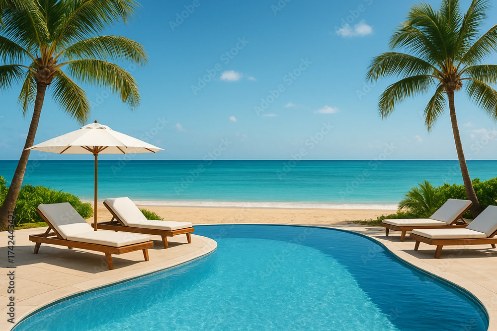 Obraz premium Luxurious Infinity Pool Overlooking Tropical Beach 