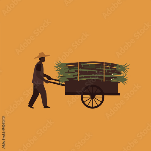 Farmer pushes cart loaded with sugarcane stalks with leafy tops