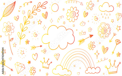 Playful Hand Drawn Doodle Pattern with Rainbow Clouds and Flowers