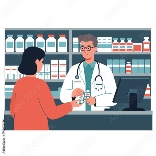 Pharmacist hands a customer medication from shelves stocked with various bottles