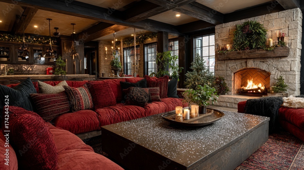 Fototapeta premium Modern rustic mansion outdoor living area with fire pit, light winter snow, rich red and forest green velvet pillows, cozy Christmas decorations, wreaths, plush furniture, and magical holiday atmosphe