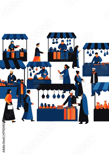 Flat Vector Illustration of a Bustling Middle Eastern Market