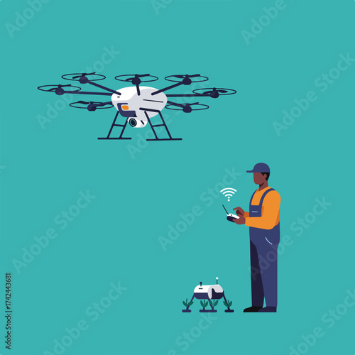 Person controls drone and robot for crop monitoring
