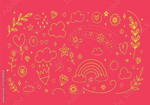 Whimsical hand drawn elements on coral backdrop for feminine designs