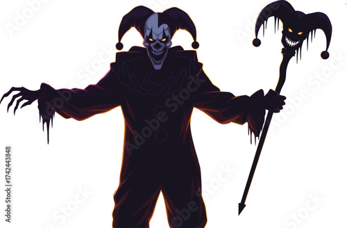 Dark jester clown, horror circus villain, glowing yellow eyes, creepy costume, Halloween scary mime, eerie makeup, nightmare performer, spooky staff