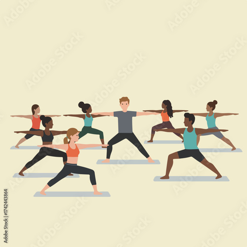 Diverse group practicing warrior pose in yoga class