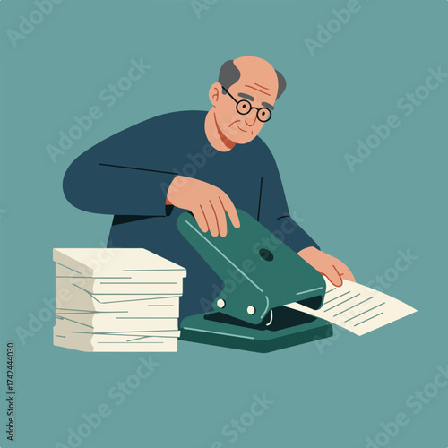 Bald man with glasses punching holes in paper next to a stack