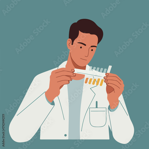 A scientist in a lab coat examines urine test strips, indicating medical analysis