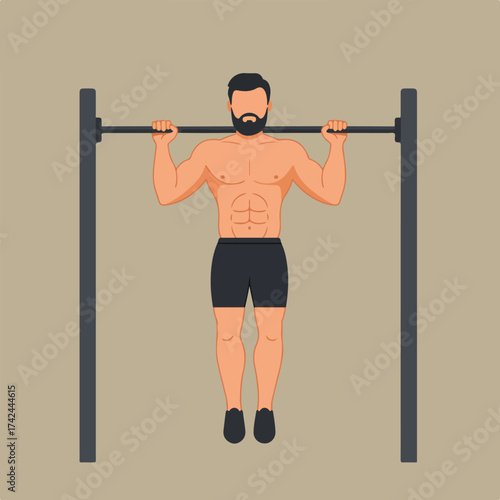 Muscular man with beard performing a pull-up on a horizontal bar