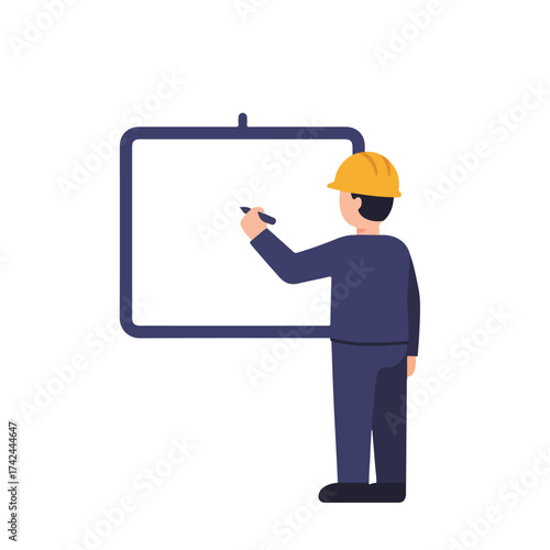 Person in hard hat with marker writing on whiteboard