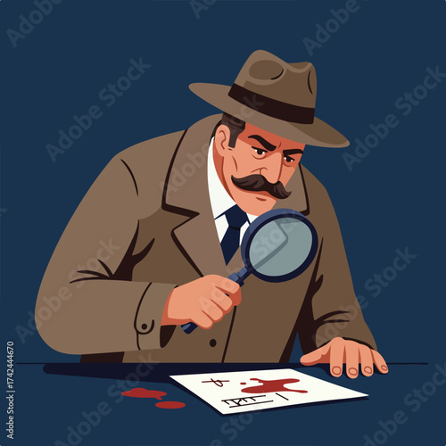 A detective examines a bloody document with a magnifying glass