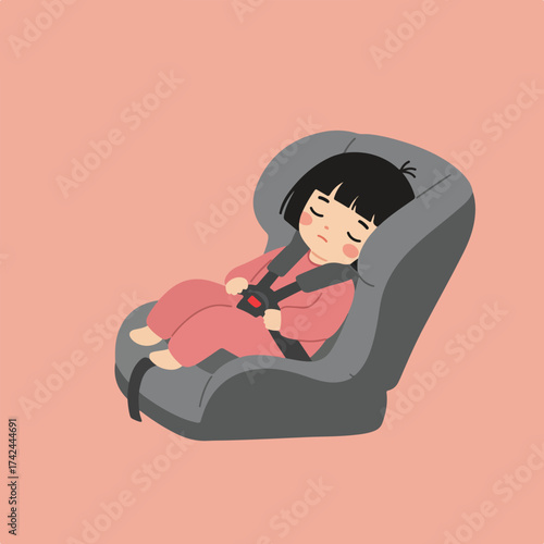 Sleeping child in a car seat, secured for safety