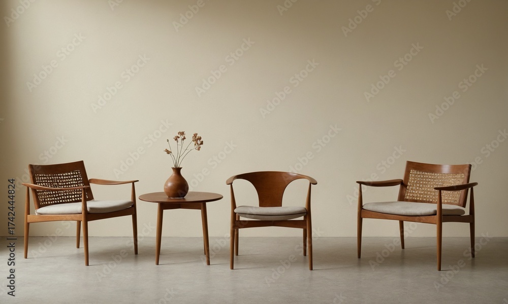 Obraz premium Elevate your space with vintage charm: wooden mid-century modern chairs and table with dried flowers radiate warmth and timeless design elegance indoors