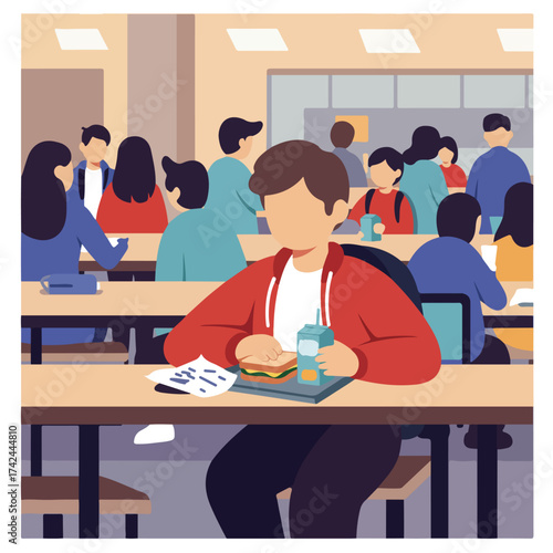 Diverse group of students eating lunch at tables in a bright, bustling school cafeteria