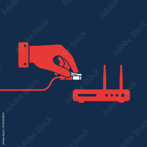 A hand plugs a cable into a wireless router, indicating connectivity