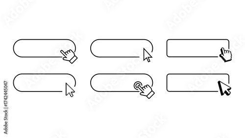 Web button and cursor icon set. Collection of outline UI elements including hand click, mouse pointer, touchscreen tap, and button shapes. 