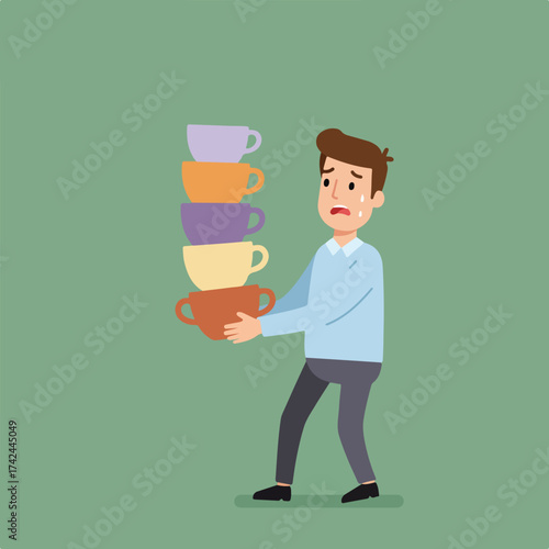 Stressed man with stack of colorful cups, sweat drops, and worried expression