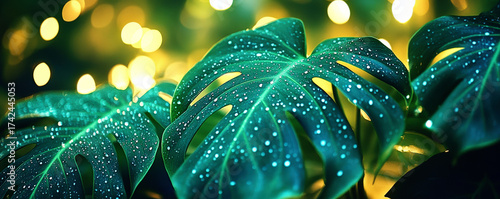 Close-up of green monstera leaves with water droplets