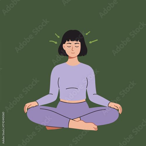 Person meditates in lotus position, eyes closed, with green arrows indicating focus