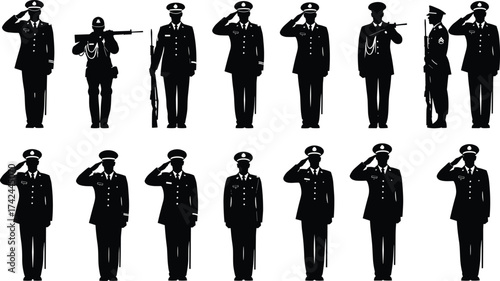 Military silhouette, soldier salute, army personnel, tactical gear, rifle pose, uniformed figures, defense force, armed service, ceremonial stance, tribute
