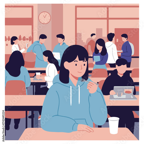 People gathered in a communal area, some eating, others on devices