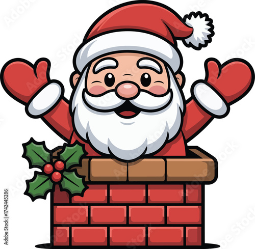 Cartoon Santa Claus in Chimney with Holly – Festive Christmas Scene Featuring Red Suit, Raised Arms, Joyful Expression – Holiday Design Illustration