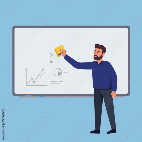 Man wiping whiteboard with graphs, pie chart, and lines