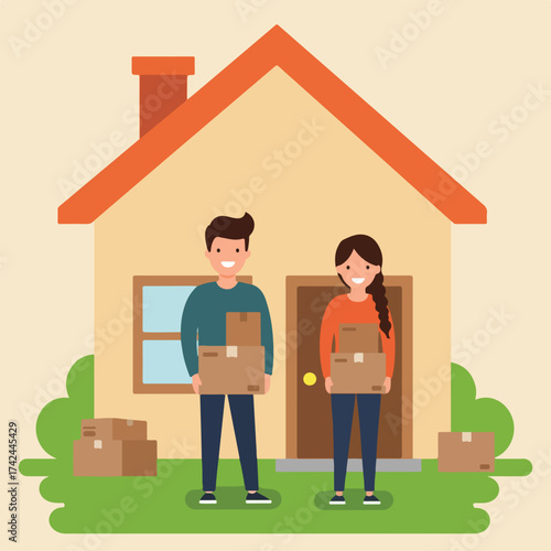Couple carrying boxes near a house
