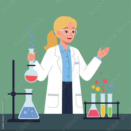 Female scientist in lab coat with beakers and test tubes, conducting experiments with colorful liquids and bubbles