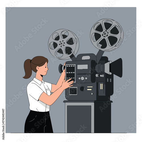 Woman operating an old-fashioned film projector