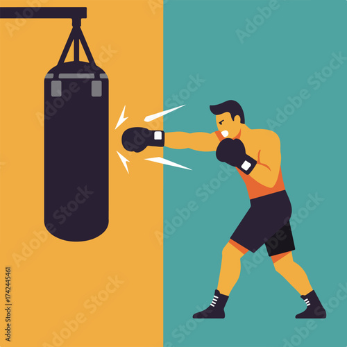 Boxer training with a punching bag in a bold, flat graphic style
