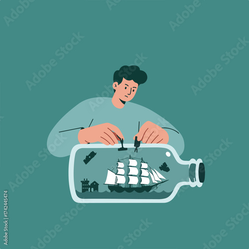 Person crafting a ship in a bottle, a miniature world within glass