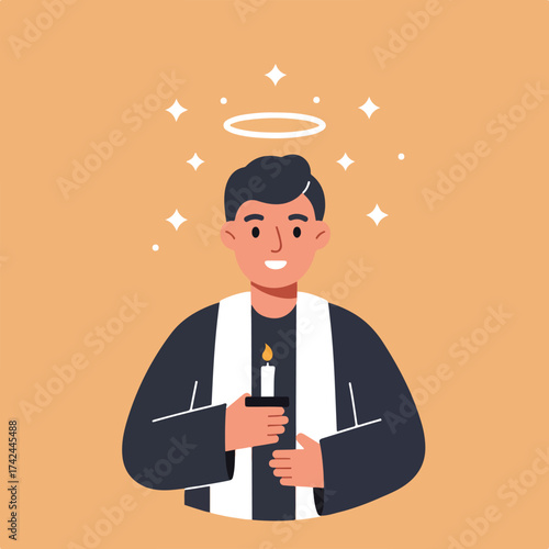 A man with a halo and sparkling stars holds a candle