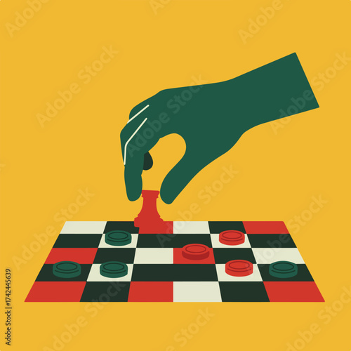 Hand moving a red chess piece on a checkerboard with green and red checkers