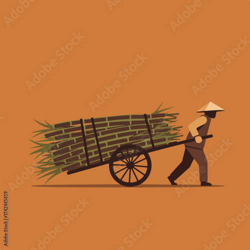 Farmer pushing cart filled with sugarcane stalks