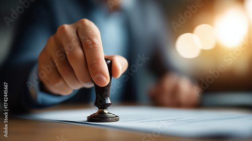 Document approval and verification: Business hand holding rubber stamp for document authentication corporate executive approving legal papers official stamp validation notary