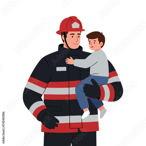 A rescuer in uniform carries a child to safety