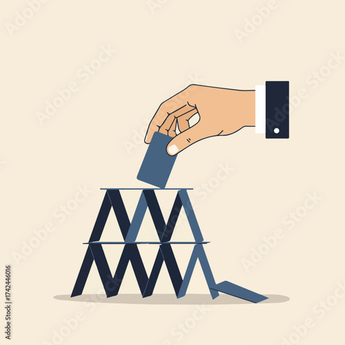 Careful placement of last card threatens house of cards structure