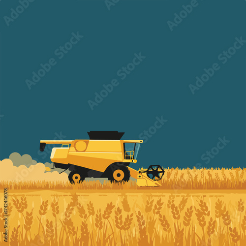 Yellow combine harvester working in a golden wheat field under a blue sky