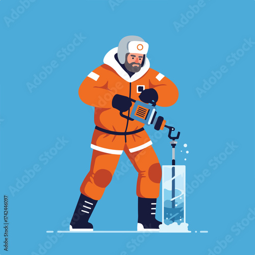 Person in orange gear drills ice for research or an activity