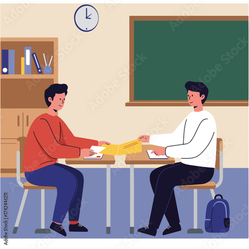 Two students collaborate on a school project in a classroom setting