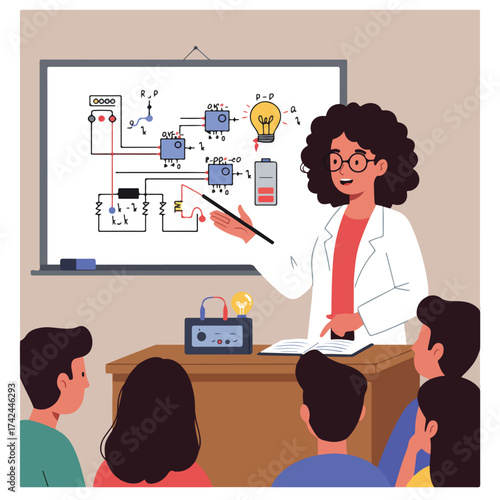 Teacher instructs students on electrical circuit diagram on whiteboard