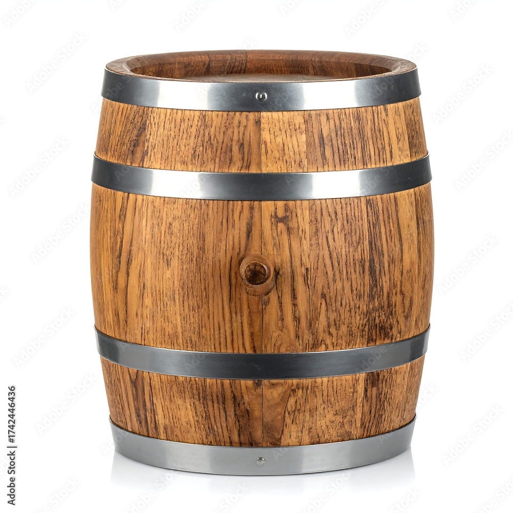 Obraz premium Wooden barrel with metal bands, isolated on white background