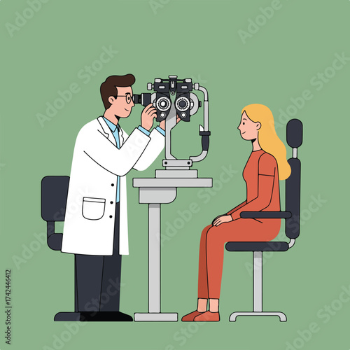 An optometrist examines a patient's eyes with specialized equipment